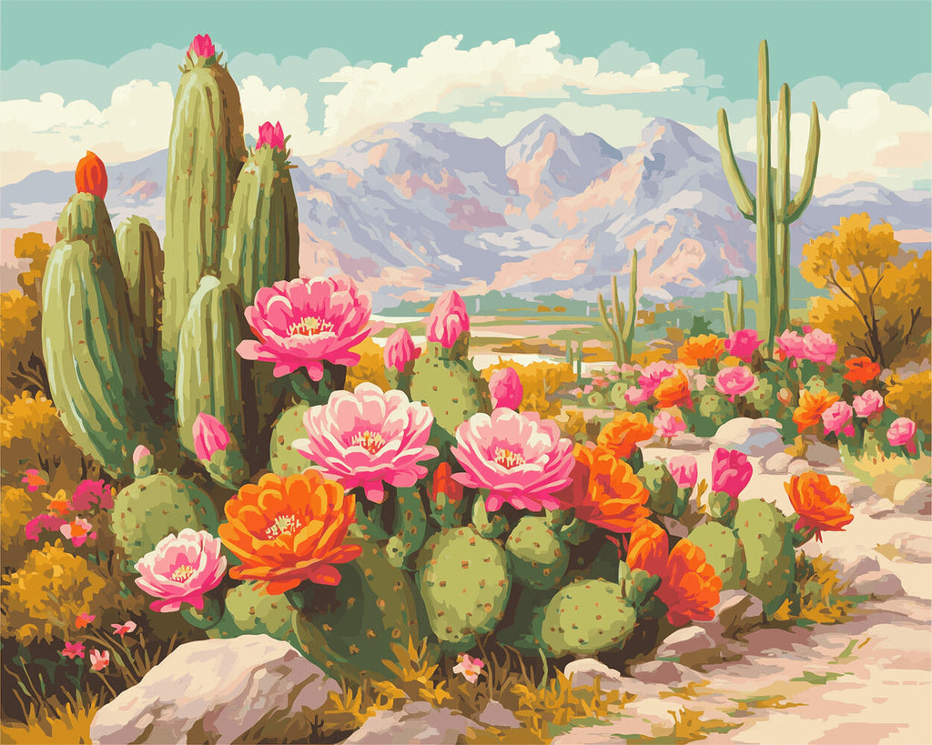 Cactus met Roze en Oranje Bloemen Schilderen op Nummers