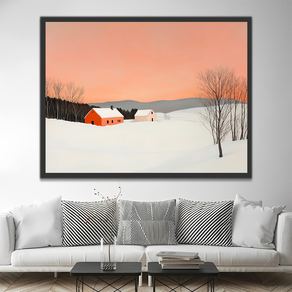 Cartoon Hutten in een Besneeuwd Veld Schilderen op Nummers