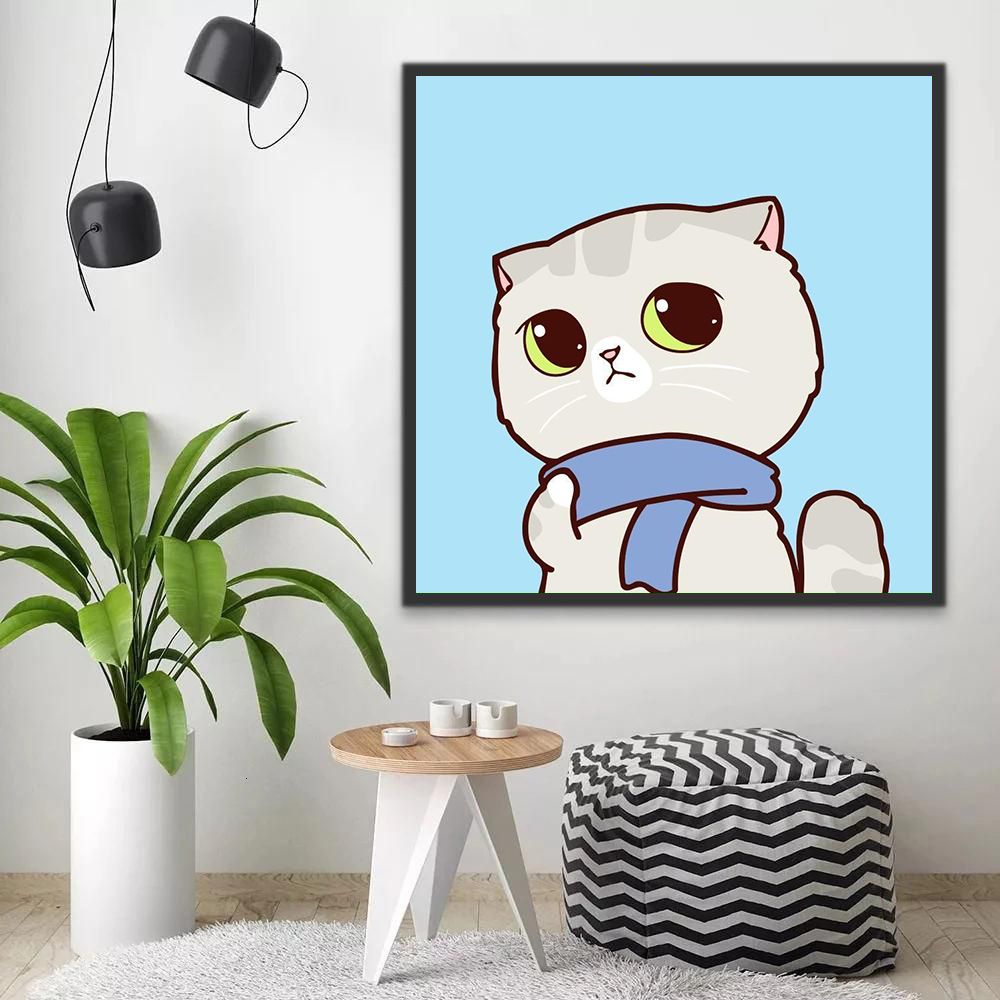 Cartoon Kat met Blauwe Sjaal Schilderen op Nummers Kinderen