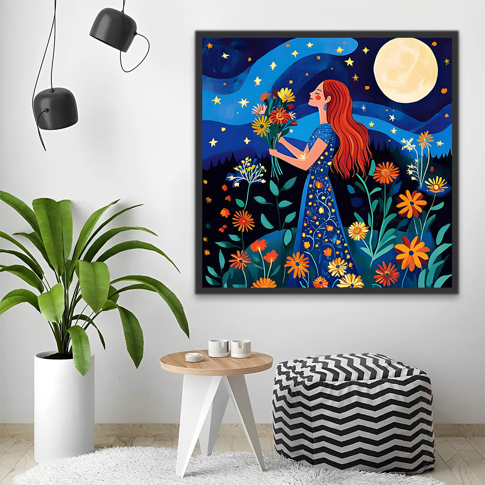 Cartoon Maanlicht Nacht met een Vrouw en Madeliefjes Schilderen op Nummers