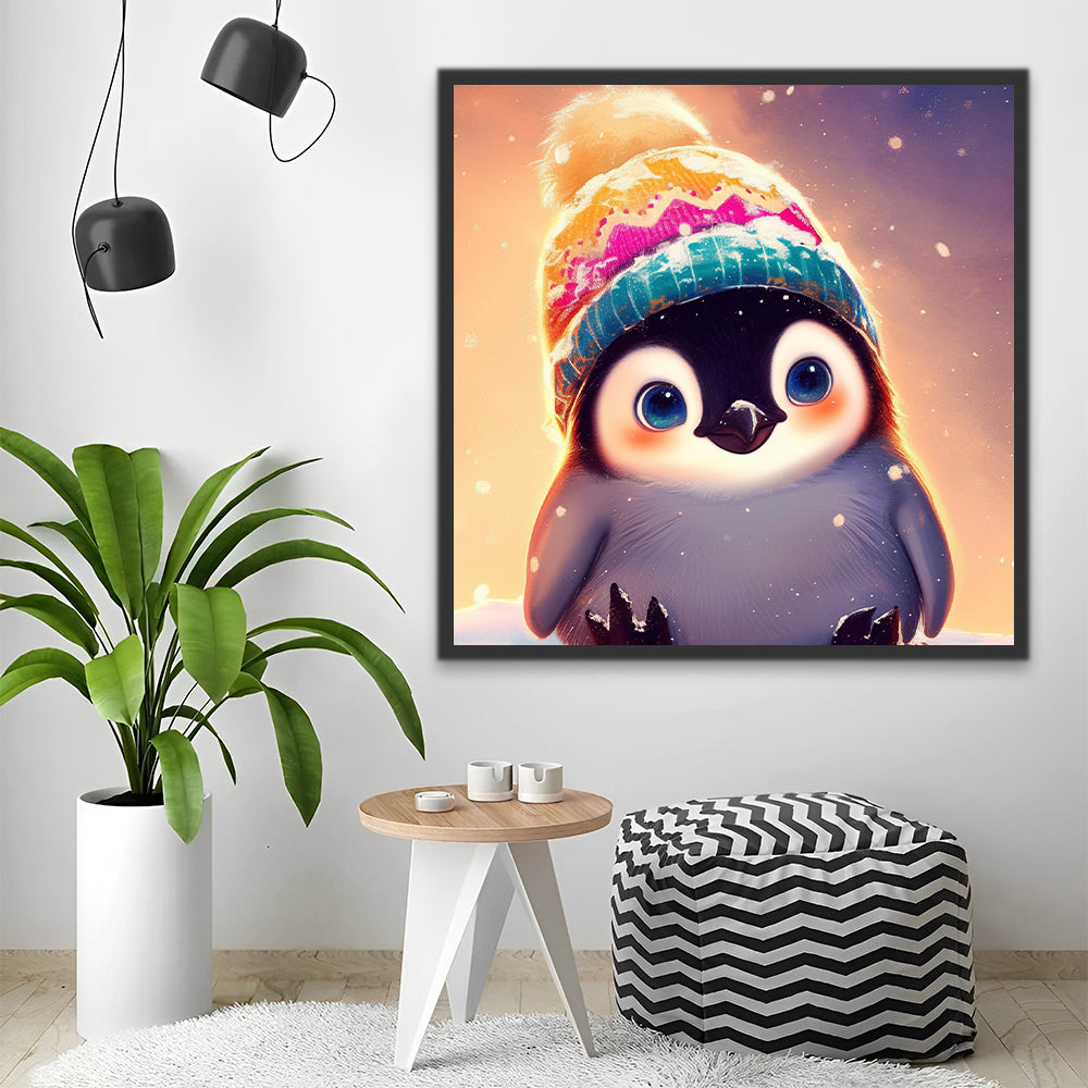 Cartoon Pinguïn met Kleurrijke Hoed Schilderen op Nummers