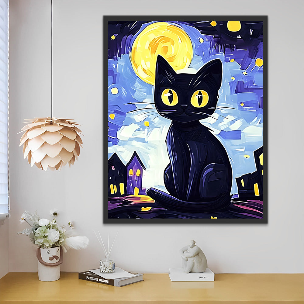 Cartoon Zwarte Kat en de Maan Schilderen op Nummers