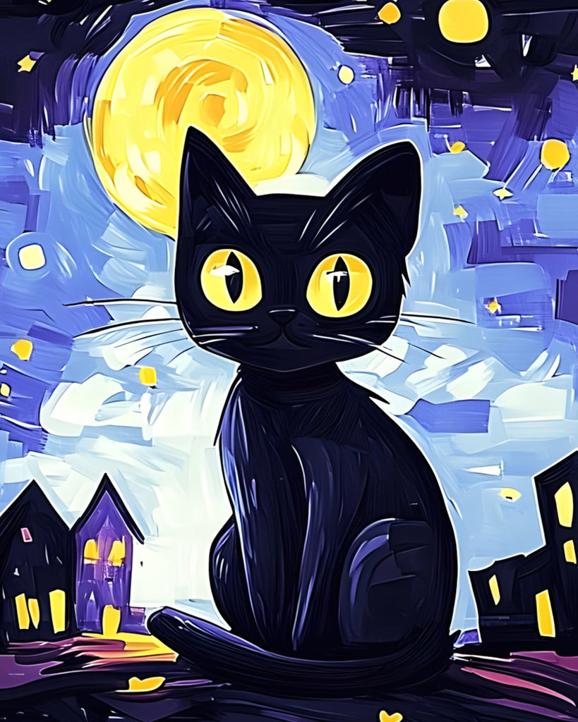 Cartoon Zwarte Kat en de Maan Schilderen op Nummers