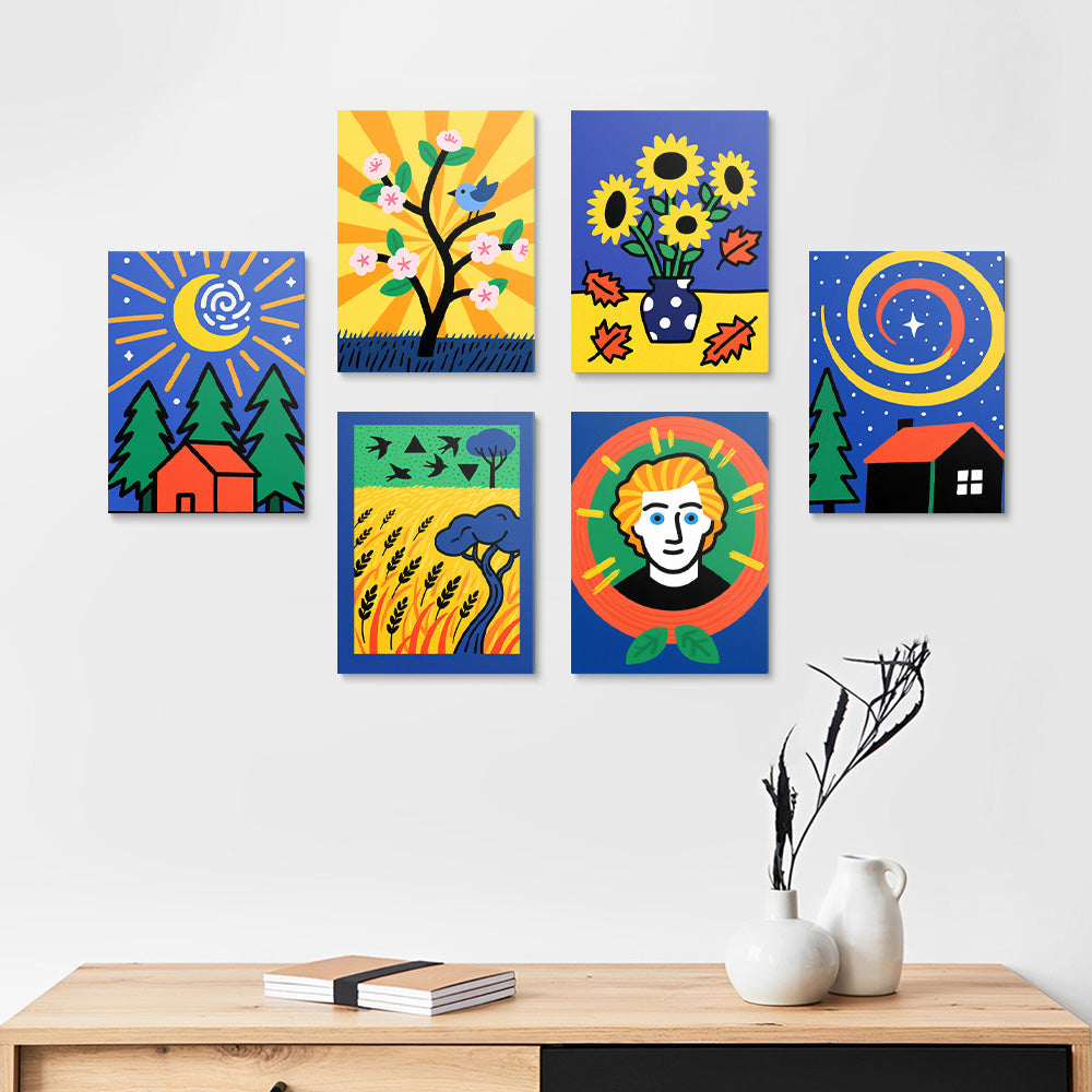 Cartoonversie van Van Goghs Schilderijen 6 Stuks Mini Schilderen op Nummers