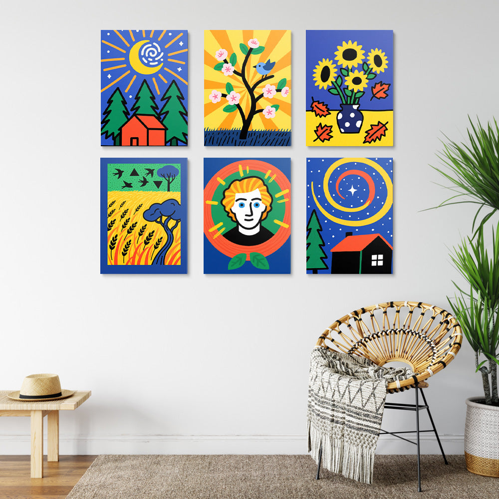 Cartoonversie van Van Goghs Schilderijen 6 Stuks Mini Schilderen op Nummers