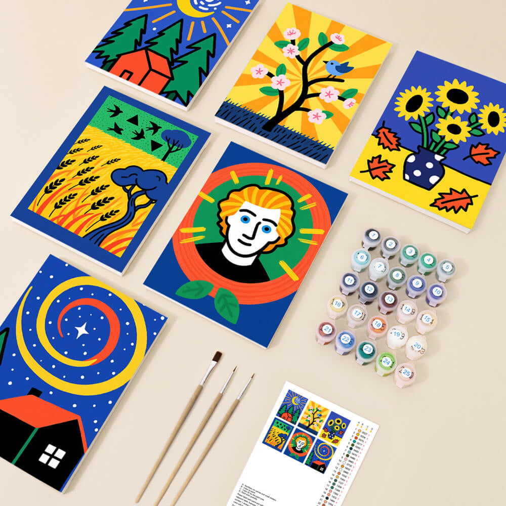 Cartoonversie van Van Goghs Schilderijen 6 Stuks Mini Schilderen op Nummers