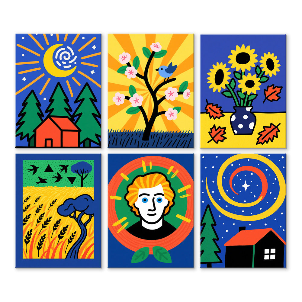 Cartoonversie van Van Goghs Schilderijen 6 Stuks Mini Schilderen op Nummers