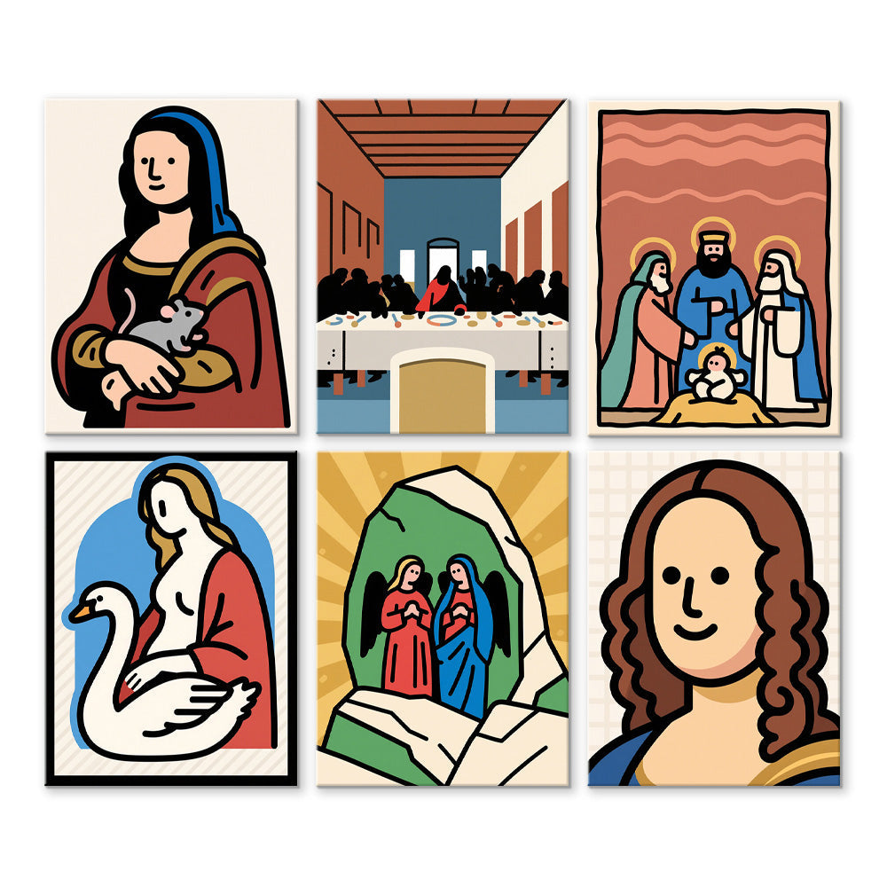 Cartoonversie van Wereldberoemde Schilderijen 6 Stuks Mini Schilderen op Nummers
