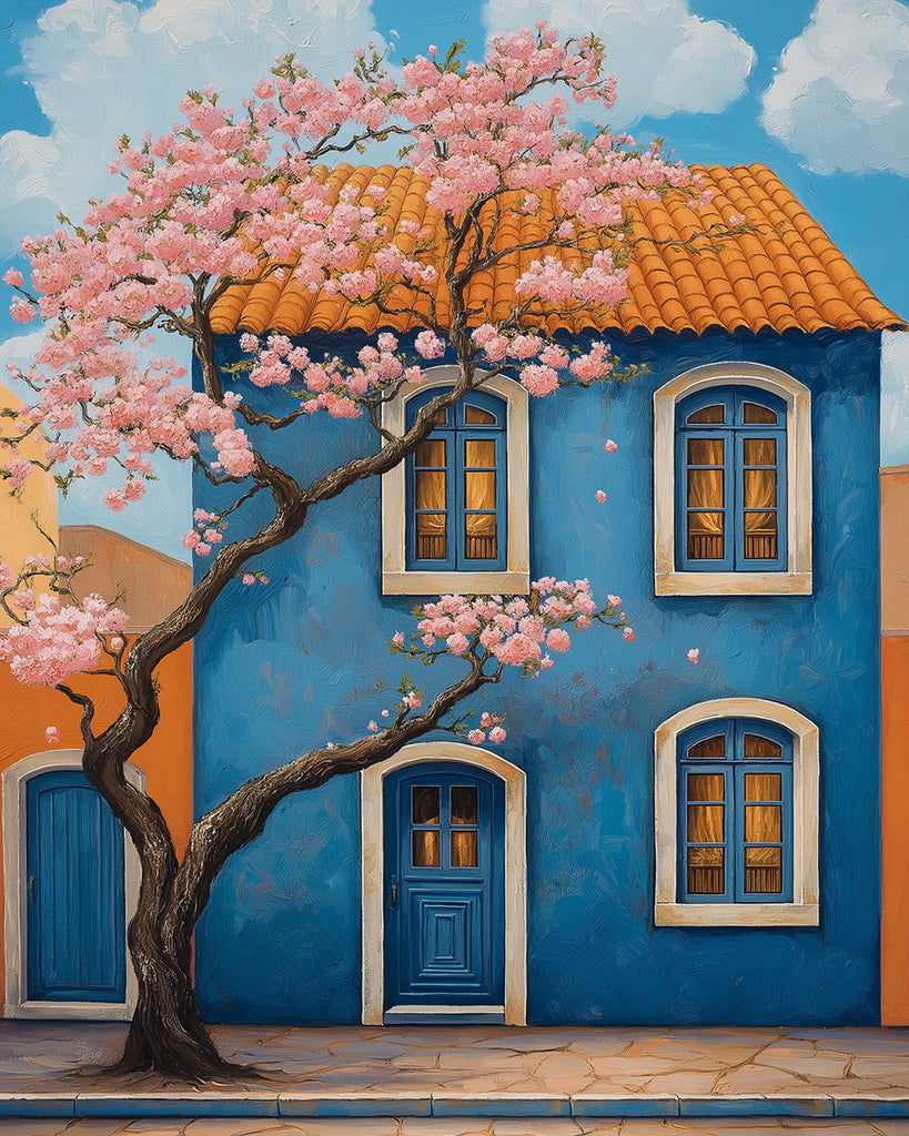 De Roze Boom voor het Blauwe Huis Schilderen op Nummers