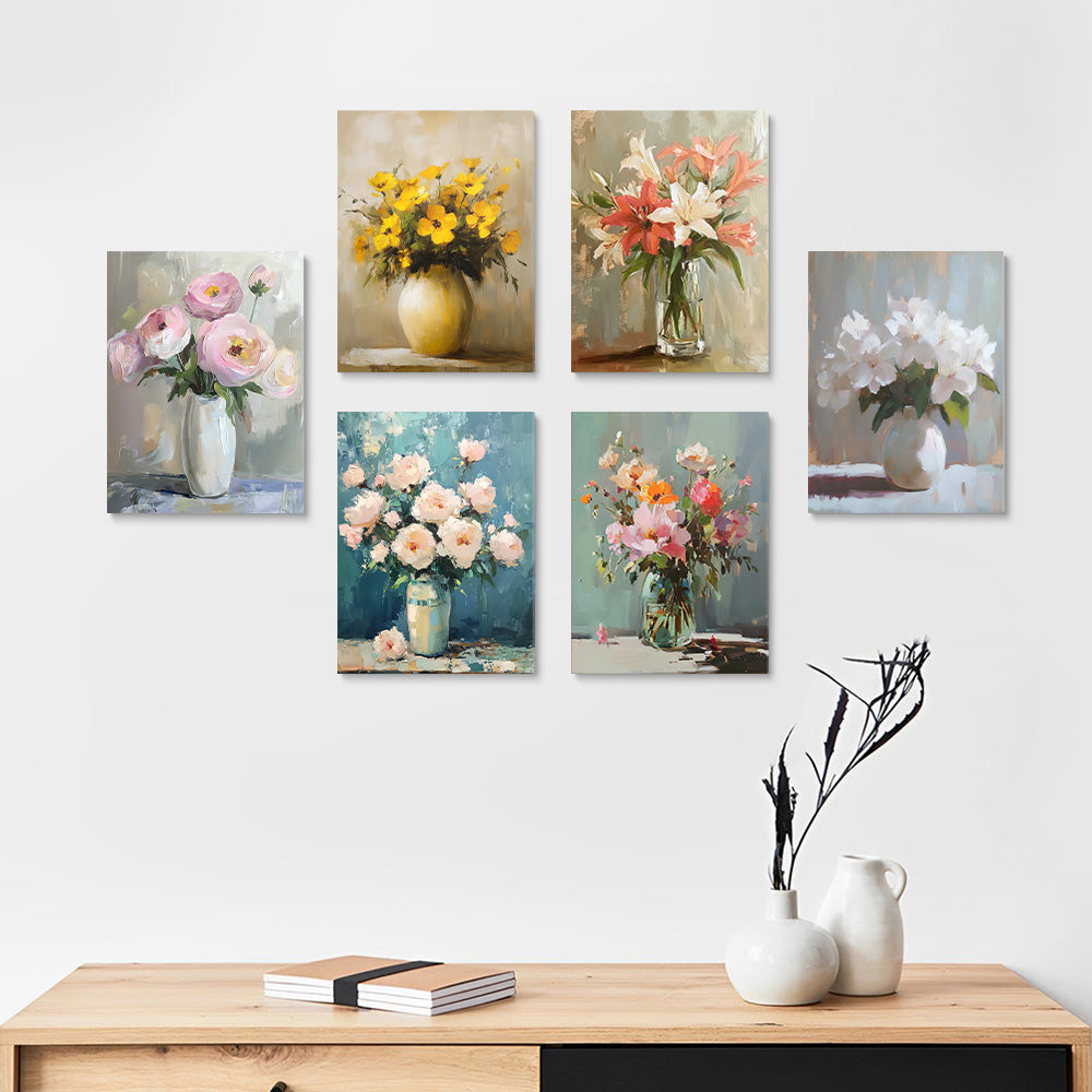 Diverse Bloemen in Verschillende Vazen 6 Stuks Mini Schilderen op Nummers