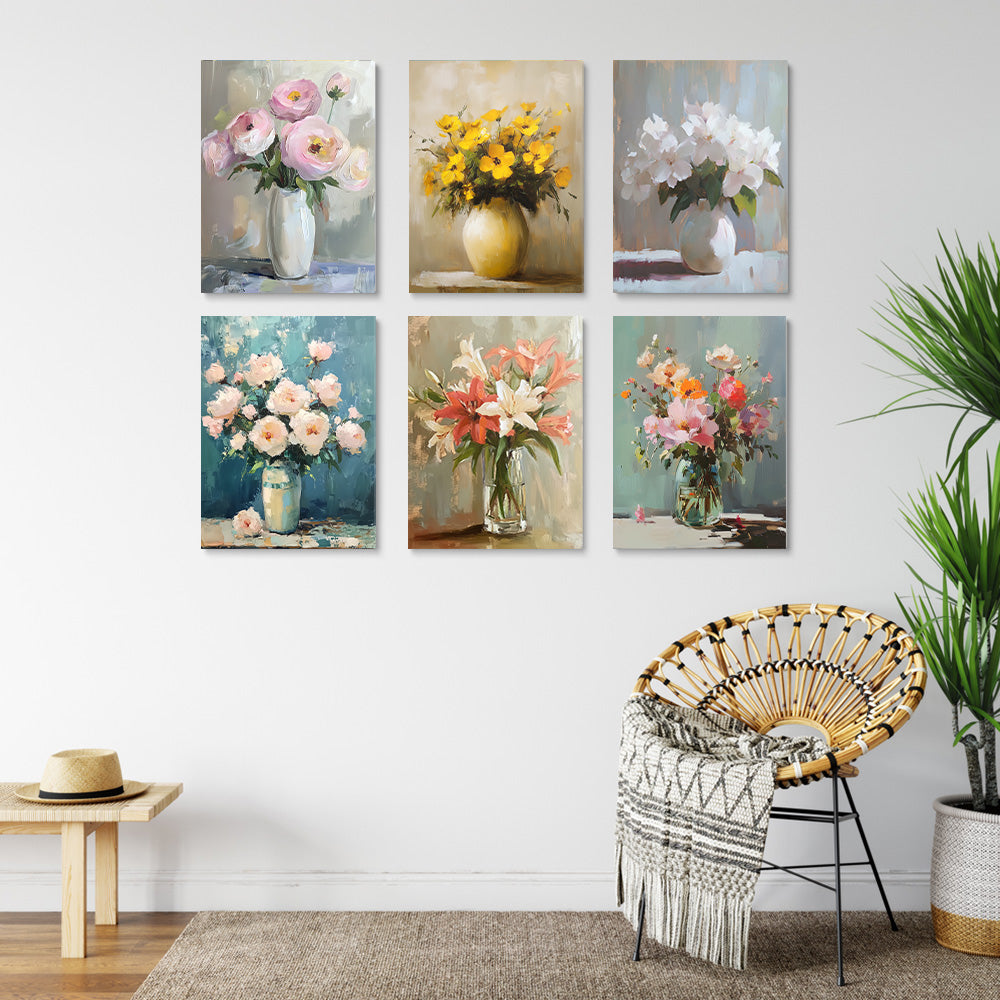 Diverse Bloemen in Verschillende Vazen 6 Stuks Mini Schilderen op Nummers