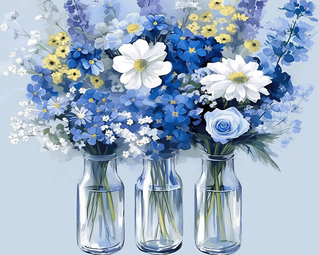 Drie potten met bloemen op een lichtblauwe achtergrond Schilderen op Nummers