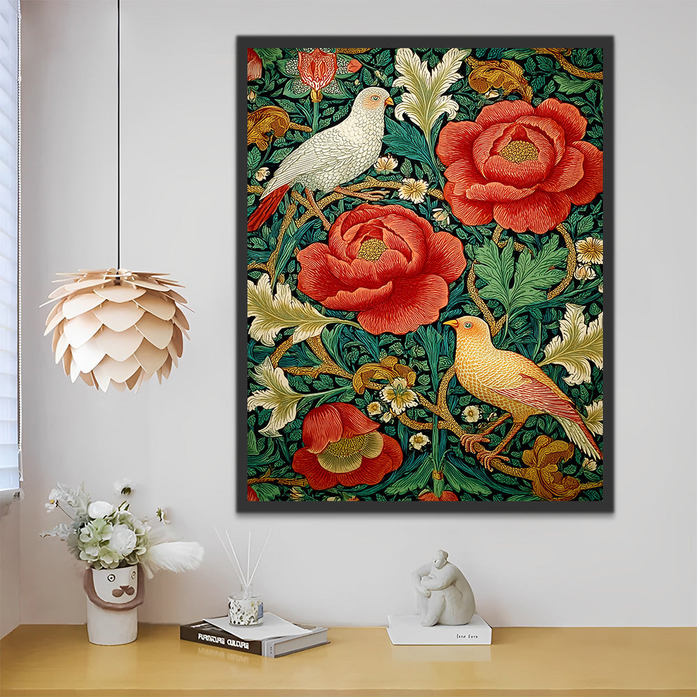 Duiven tussen Rode bloemenranken Schilderen op Nummers