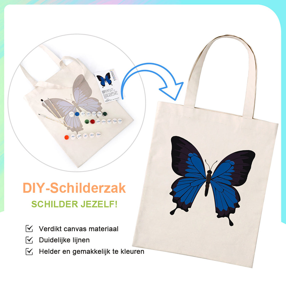 Een Blauwe en Zwarte Vlinder Canvas Tote Bag Schilderen op Nummers