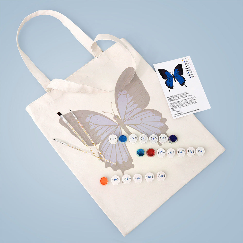 Een Blauwe en Zwarte Vlinder Canvas Tote Bag Schilderen op Nummers