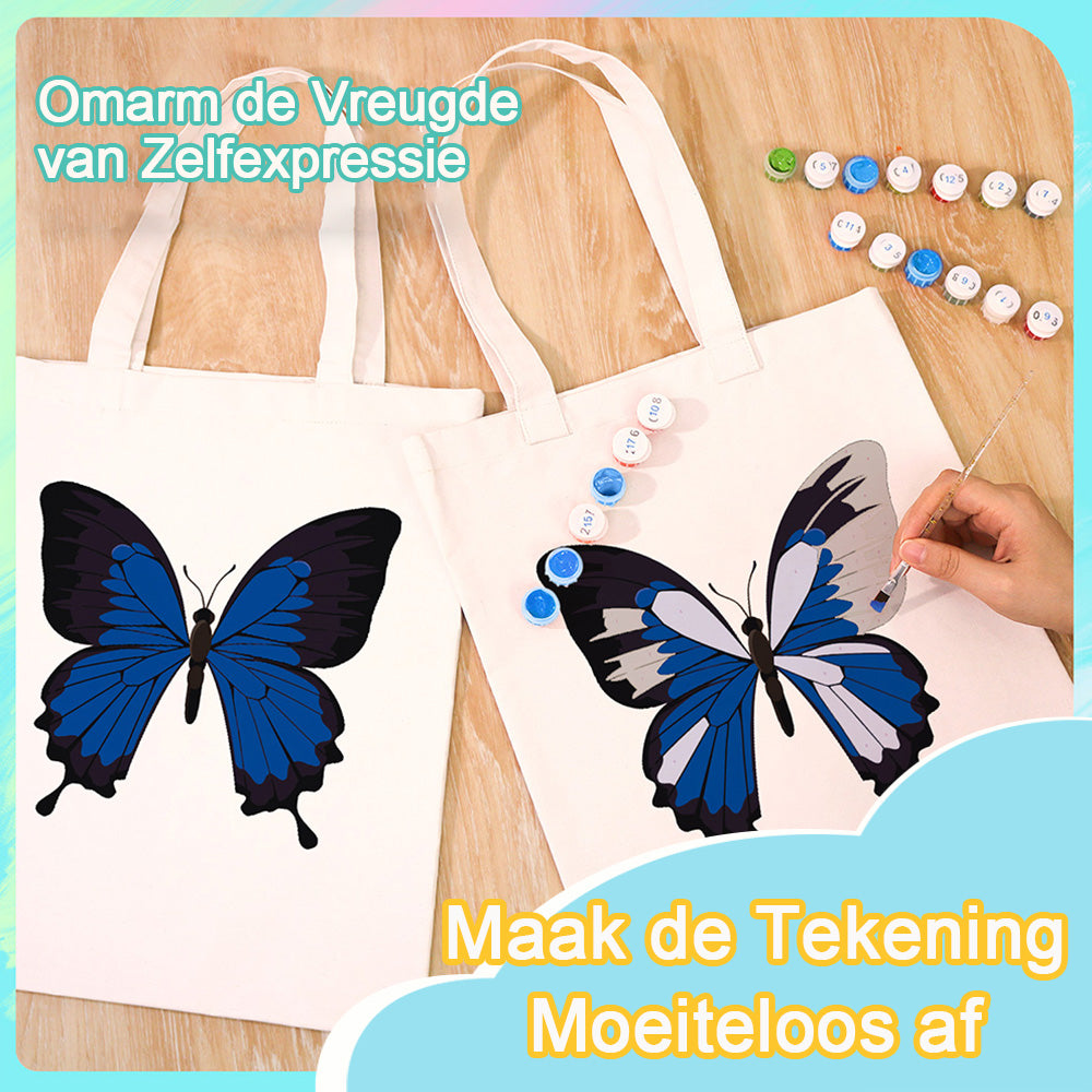 Een Blauwe en Zwarte Vlinder Canvas Tote Bag Schilderen op Nummers