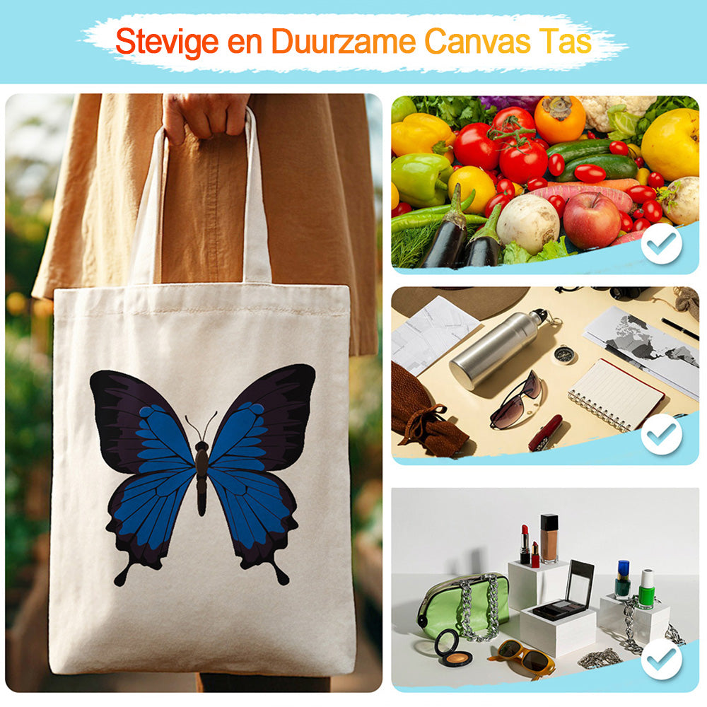 Een Blauwe en Zwarte Vlinder Canvas Tote Bag Schilderen op Nummers