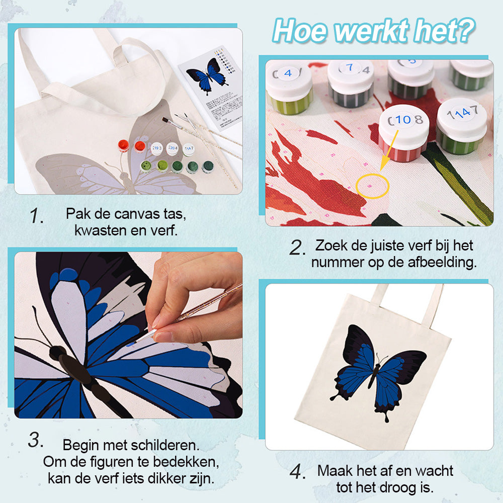 Een Blauwe en Zwarte Vlinder Canvas Tote Bag Schilderen op Nummers