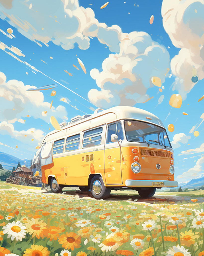 Een Bus op een Weg met Madeliefjes Schilderen op Nummers