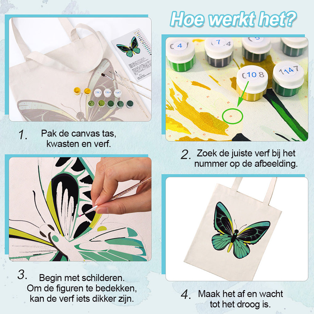 Een Groene Vlinder Canvas Tote Bag Schilderen op Nummers
