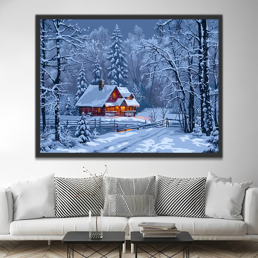 Een Huis in het Bos op een Besneeuwde Nacht Schilderen op Nummers