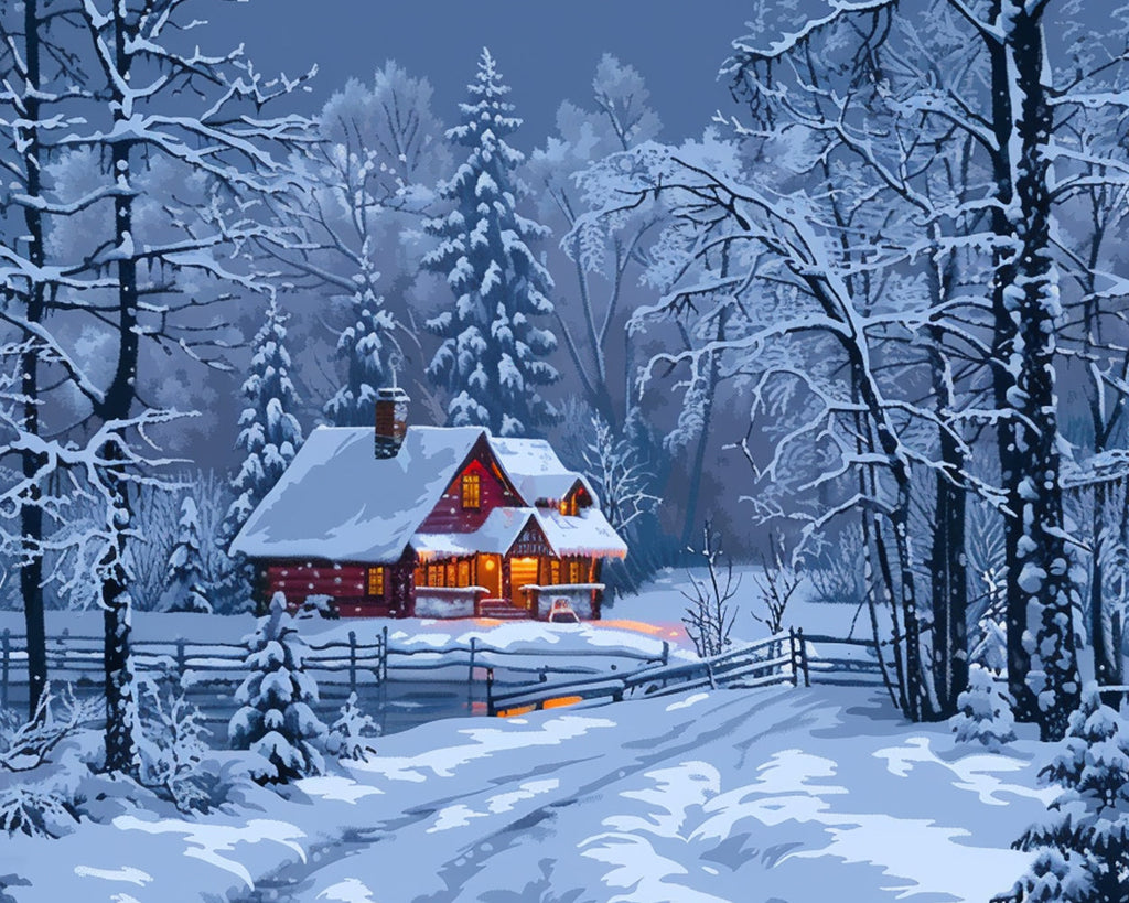 Een Huis in het Bos op een Besneeuwde Nacht Schilderen op Nummers