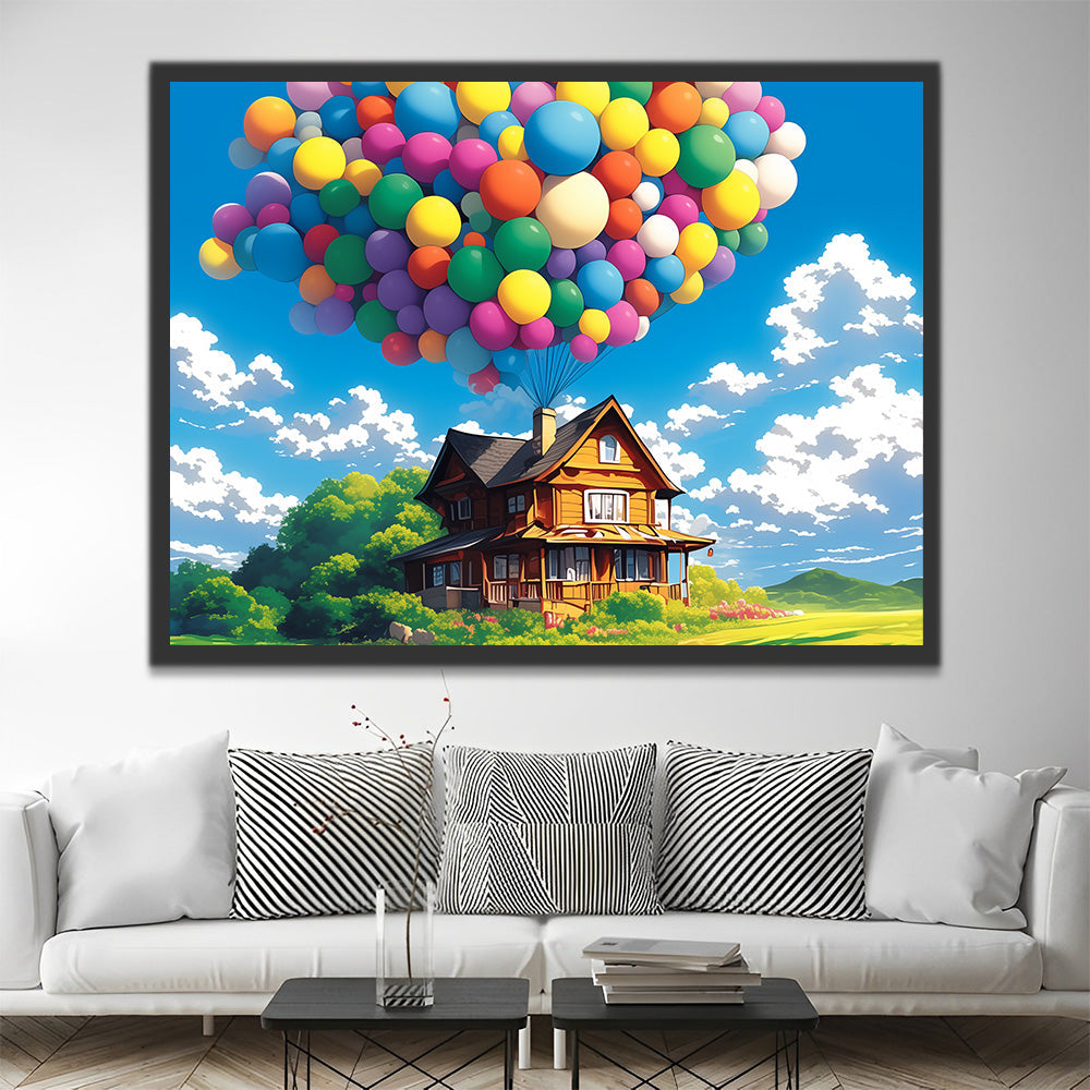 Een Hut met Kleurrijke Ballonnen op de Grasvlakte Schilderen op Nummers