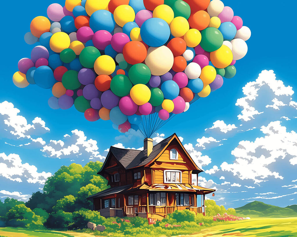 Een Hut met Kleurrijke Ballonnen op de Grasvlakte Schilderen op Nummers