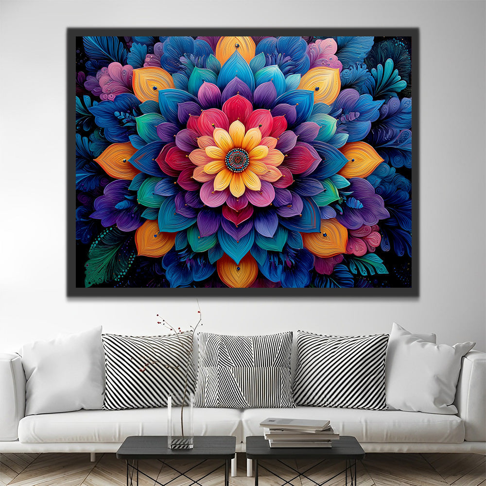Een Meerlagige Lotusbloem Mandala met Rijke Kleuren Schilderen op Nummers
