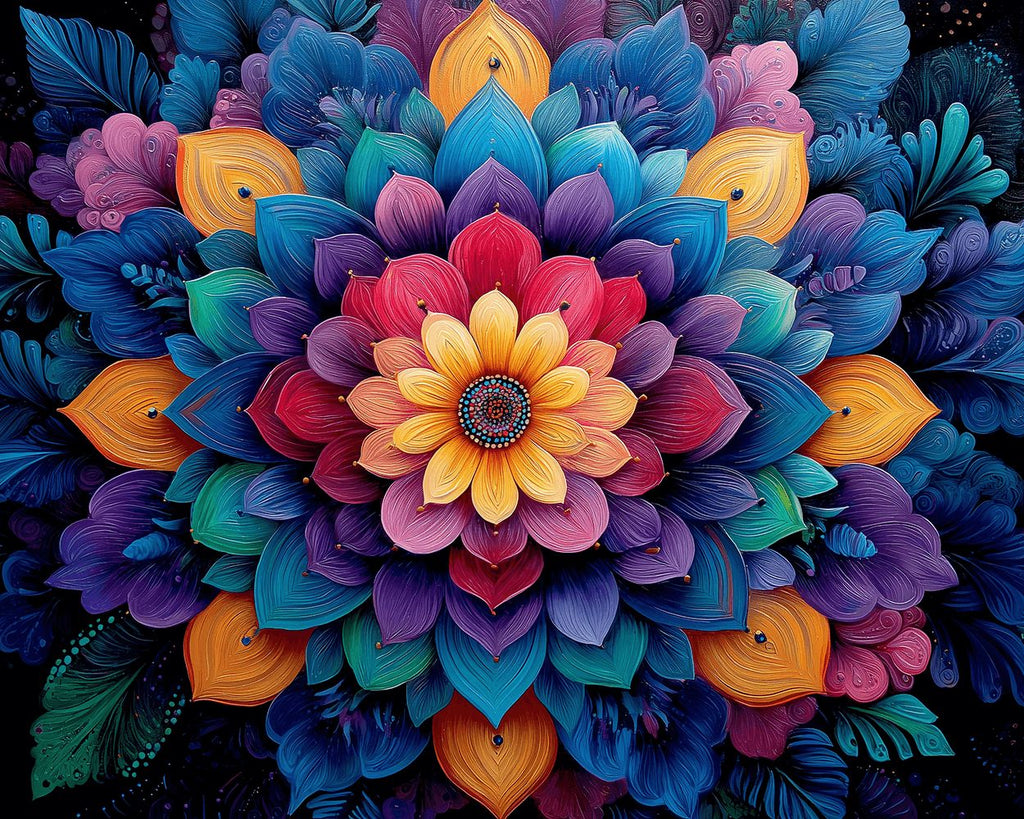 Een Meerlagige Lotusbloem Mandala met Rijke Kleuren Schilderen op Nummers