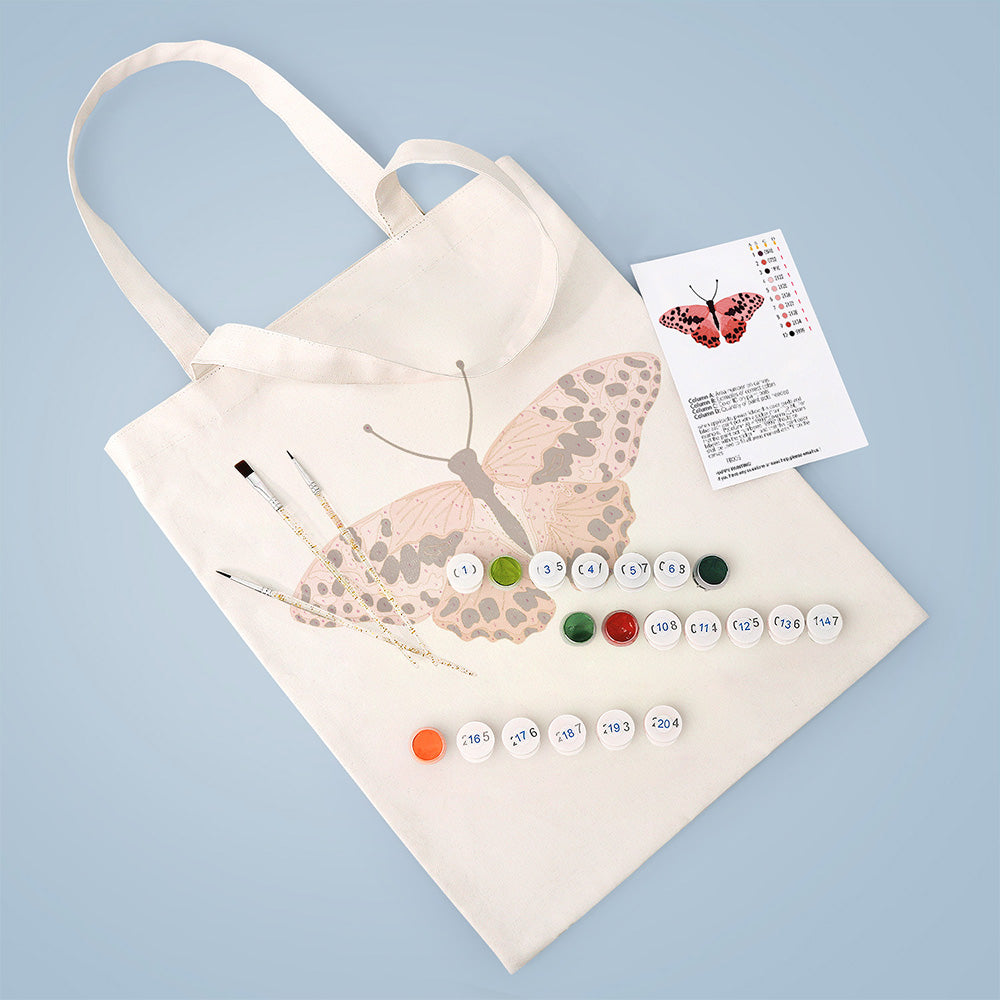 Een Roze Vlinder met Zwarte Vlekken Canvas Tote Bag Schilderen op Nummers