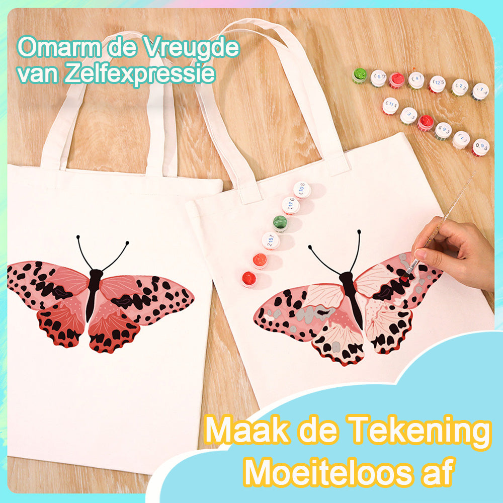 Een Roze Vlinder met Zwarte Vlekken Canvas Tote Bag Schilderen op Nummers