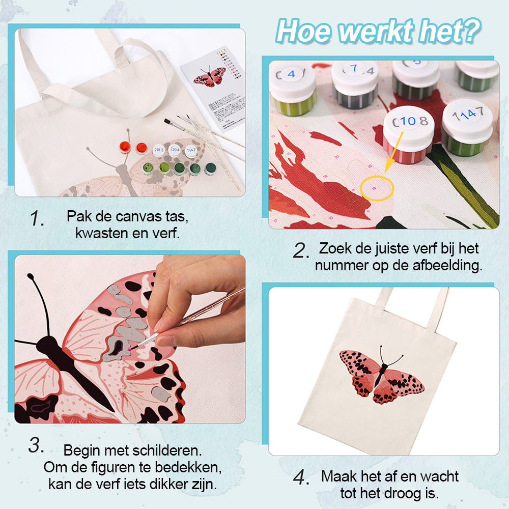 Een Roze Vlinder met Zwarte Vlekken Canvas Tote Bag Schilderen op Nummers