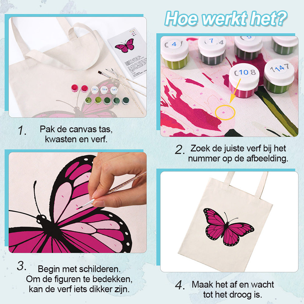 Een Rozerode Vlinder Canvas Tote Bag Schilderen op Nummers