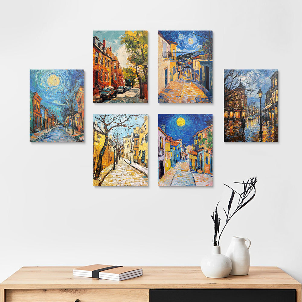 Een Stad in Van Gogh-Stijl 6 Stuks Mini Schilderen op Nummers