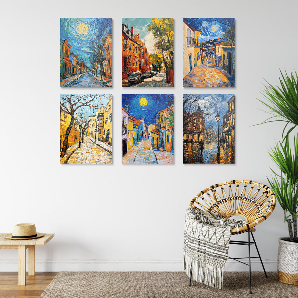 Een Stad in Van Gogh-Stijl 6 Stuks Mini Schilderen op Nummers