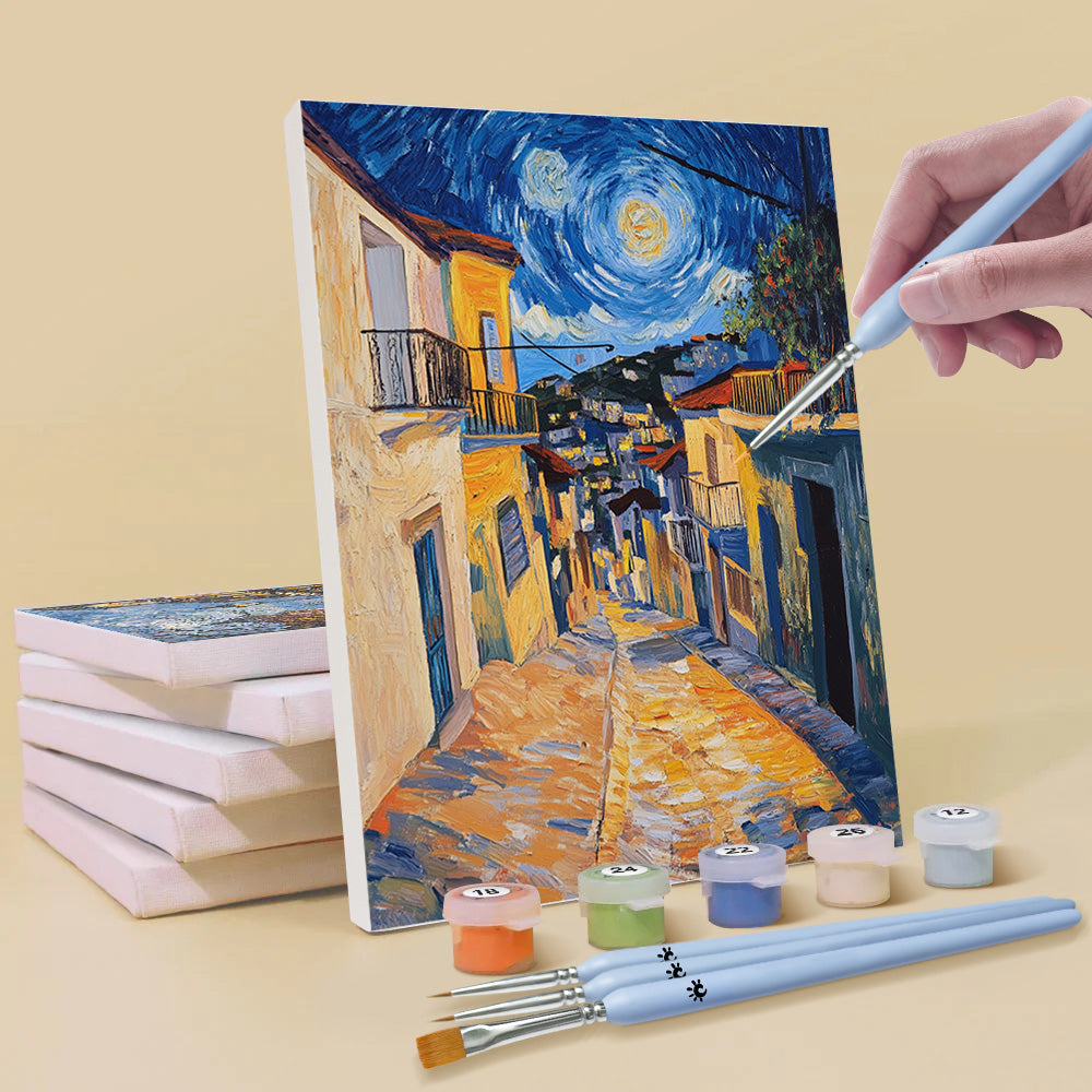 Een Stad in Van Gogh-Stijl 6 Stuks Mini Schilderen op Nummers