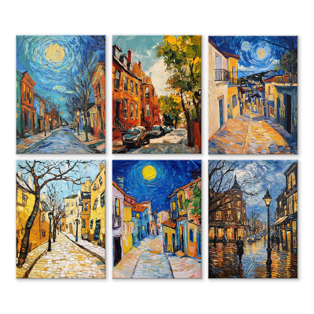 Een Stad in Van Gogh-Stijl 6 Stuks Mini Schilderen op Nummers