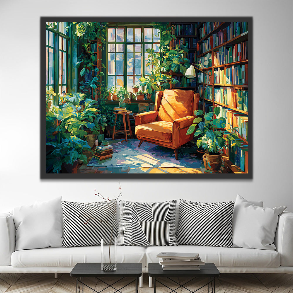 Een Studeerkamer vol Groene Planten en Boeken Schilderen op Nummers