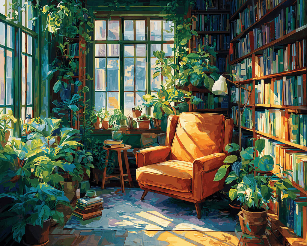 Een Studeerkamer vol Groene Planten en Boeken Schilderen op Nummers