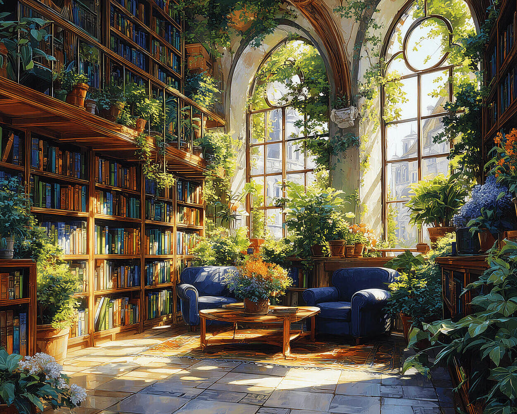 Een Studeerkamer vol Groene Planten en Boekenplanken Schilderen op Nummers