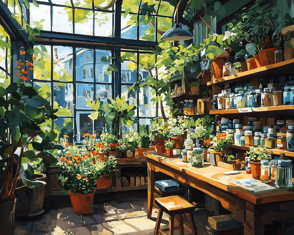 Een Verfopslagruimte vol Groene Planten Schilderen op Nummers