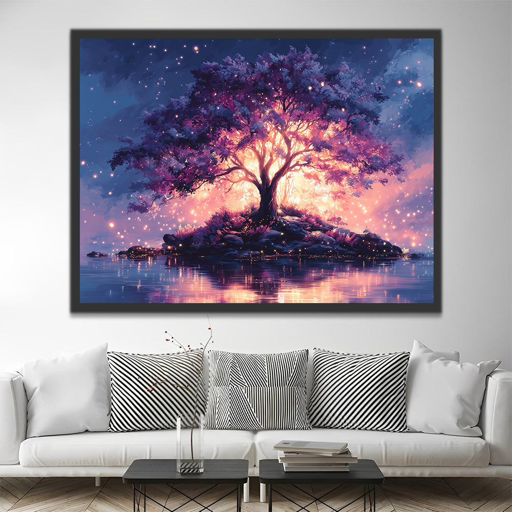 Fantasiebomen die Gloeien in het Meer Schilderen op Nummers