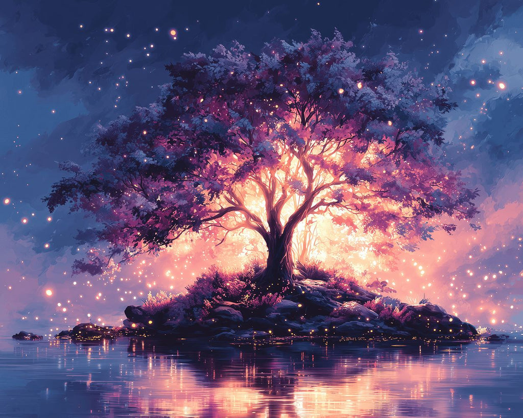 Fantasiebomen die Gloeien in het Meer Schilderen op Nummers
