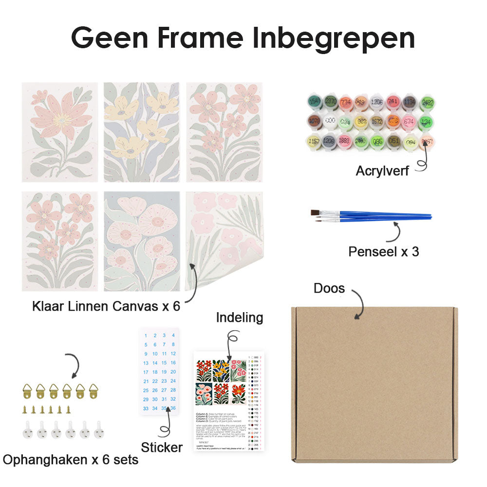 Felgekleurde Bloemen tussen Groene Bladeren 6 Stuks Mini Schilderen op Nummers