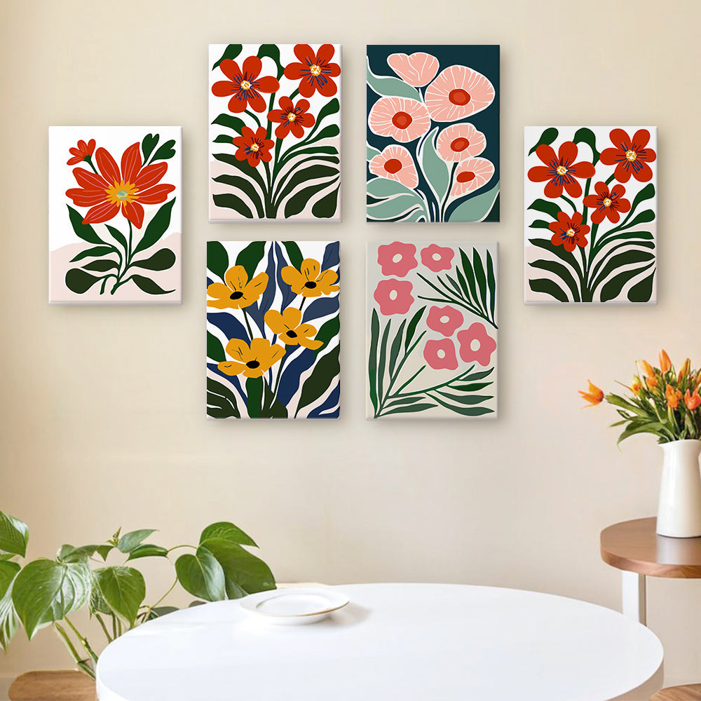 Felgekleurde Bloemen tussen Groene Bladeren 6 Stuks Mini Schilderen op Nummers