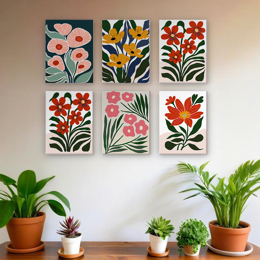 Felgekleurde Bloemen tussen Groene Bladeren 6 Stuks Mini Schilderen op Nummers