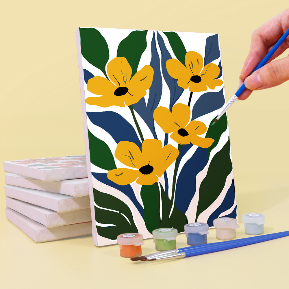 Felgekleurde Bloemen tussen Groene Bladeren 6 Stuks Mini Schilderen op Nummers