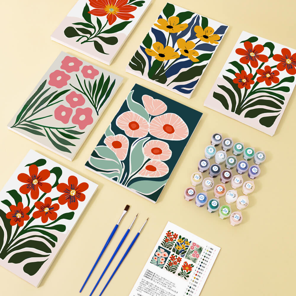 Felgekleurde Bloemen tussen Groene Bladeren 6 Stuks Mini Schilderen op Nummers