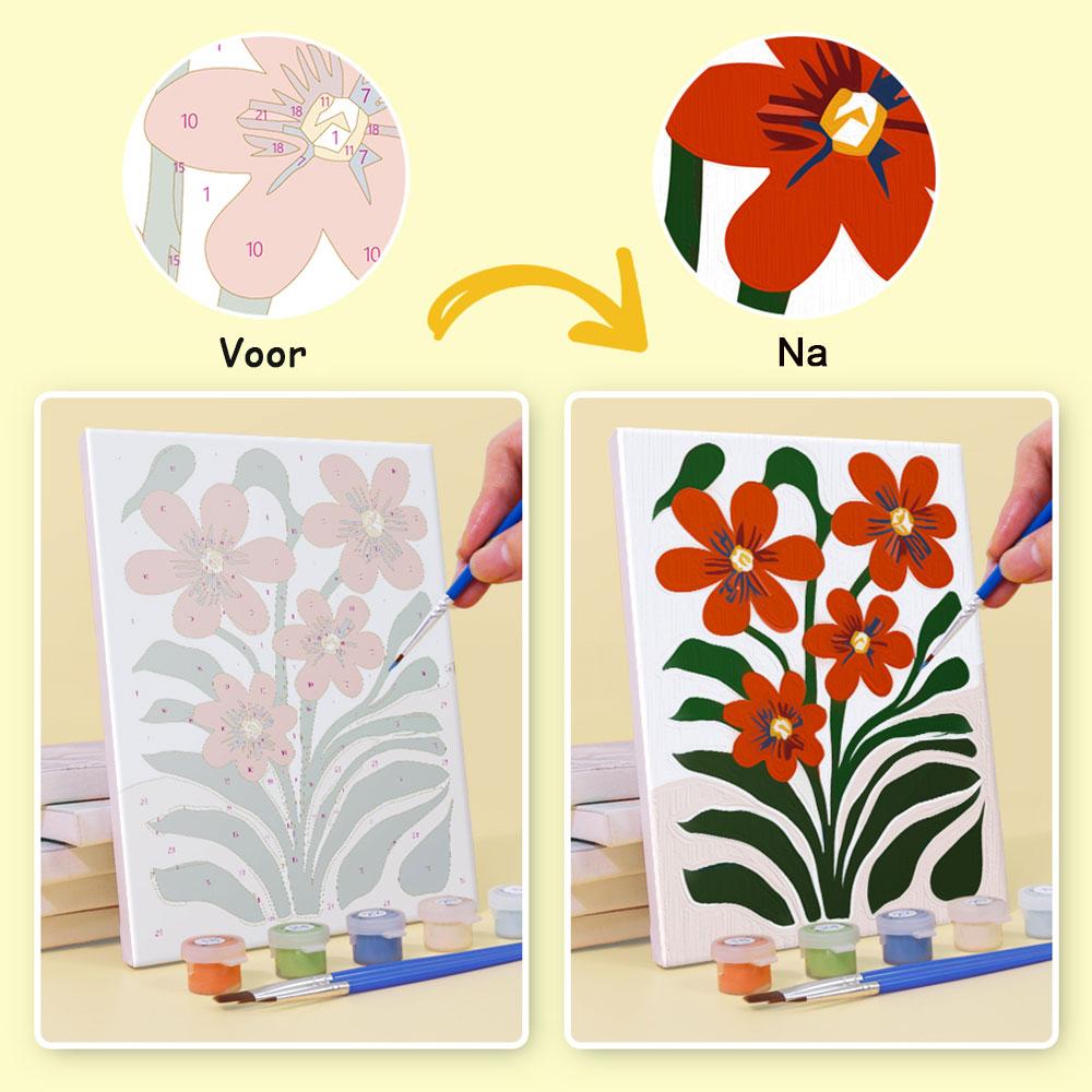 Felgekleurde Bloemen tussen Groene Bladeren 6 Stuks Mini Schilderen op Nummers